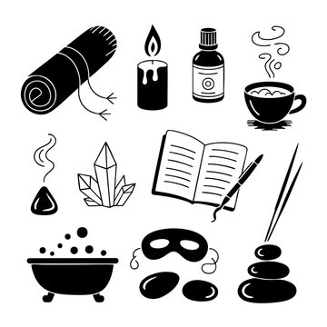 Flat vector self-care elements scattered with playful steam wisps and aromatic atmosphere for spa menu layout