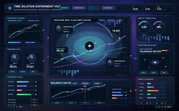 Futuristic time dilation experiment HUD with spacetime grid, clock drift curves, observer sync panels and neon physics gauges on dark vector UI