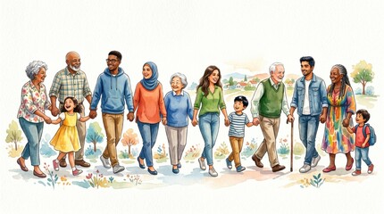 Obraz premium Diverse Multi Generational Family Walking Hand in Hand in a Park Setting With Colorful Background
