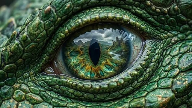 Close-up of an alligator eye showing vibrant colors and textured skin