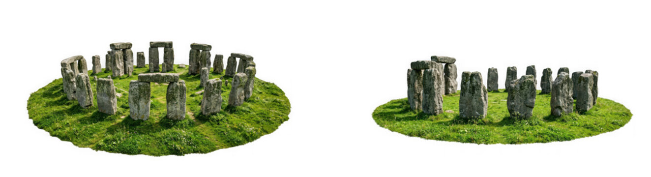 Ancient stone henge circle ruins with moss on grass as cut out PNG isolated on transparent background