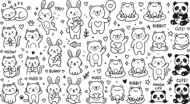Cute cartoon animals sticker set with hearts and words
