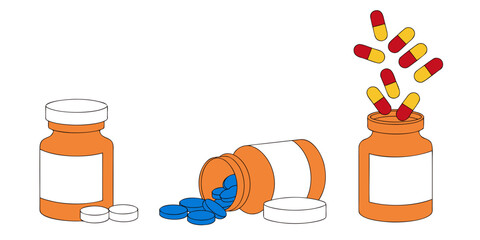 Left – upright bottle with white cap and two white tablets beside it Middle – bottle tipped on its side, spilling blue round pills Right – open bottle with red-and-yellow capsules flying out. © Phaimanee