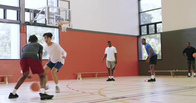 Opening showing five male partners practicing 1-on-1 dribbling then passing basketball on gym court