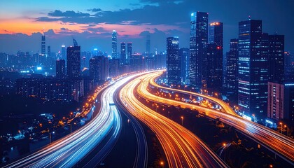 Obraz premium Vibrant Cityscape at Dusk with Streaking Car Lights on Highway.