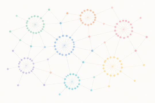 A network graph visualization with interconnected nodes of various colors on a white background.
