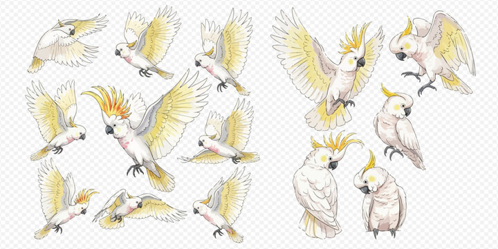 Set of watercolor cockatoo parrots in various poses and actions, isolated on a transparent background.