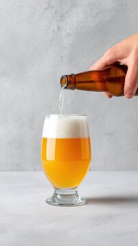 Hand pouring cold craft beer from a brown bottle into a clear glass