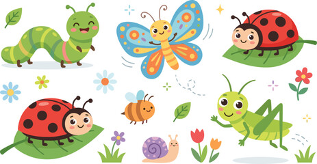 Cute cartoon insects and garden bugs vector collection set with caterpillar, butterfly, ladybug, bee, grasshopper, snail and spring flowers isolated on white background. © Sujon Shah