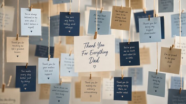 Thank you for everything dad written on a paper note hanging on a wall illustration