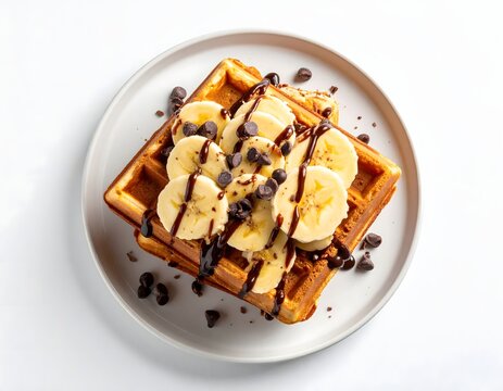 Top view of belgian waffle with banana slices and chocolate drizzle on plate