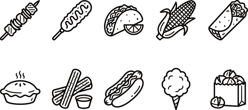 Street Food Icon Set Bold Line Art Vector Outline Fast Food Icons