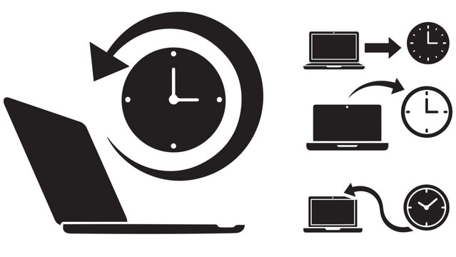 Clock synchronization and time transfer concept with laptop and tablet icons, illustrating device update, backup, and scheduled data migration