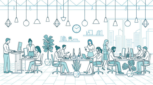 Modern Creative Coworking Office Workspace Interior Vector Line Art Illustration with Business People Employees Working at Desks and Standing StationsModern Creative Coworking Office Workspace Interio