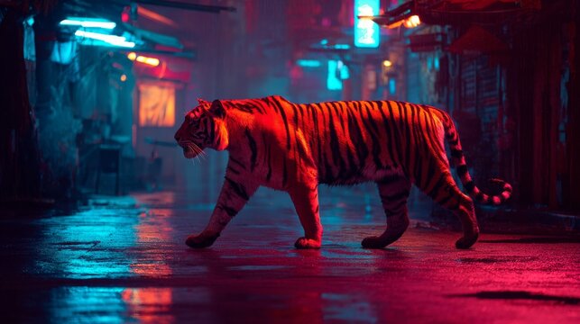 Neon tiger walking through dark alley, cyberpunk environment, glowing stripes, rain reflections, cinematic lighting 