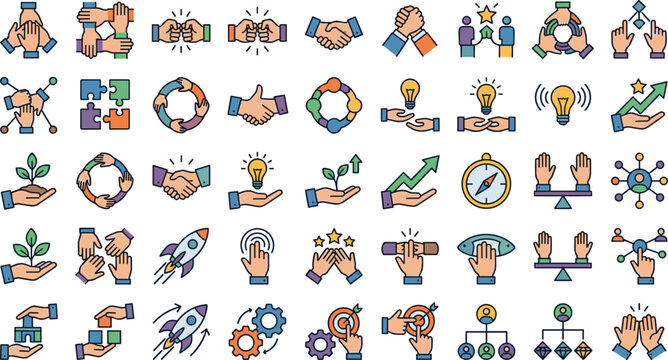 Business teamwork and startup collaboration vector icon set featuring handshakes fist bumps puzzle pieces rocket launches green sprouts and growth charts