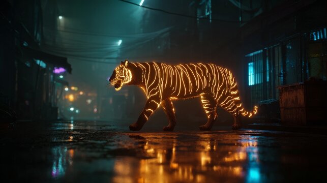 Neon tiger walking through dark alley, cyberpunk environment, glowing stripes, rain reflections, cinematic lighting 