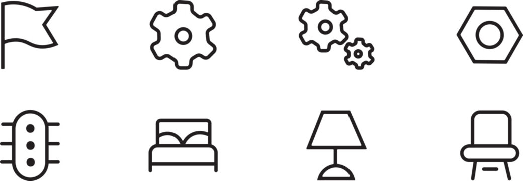 Collection of modern line icons for settings and furniture