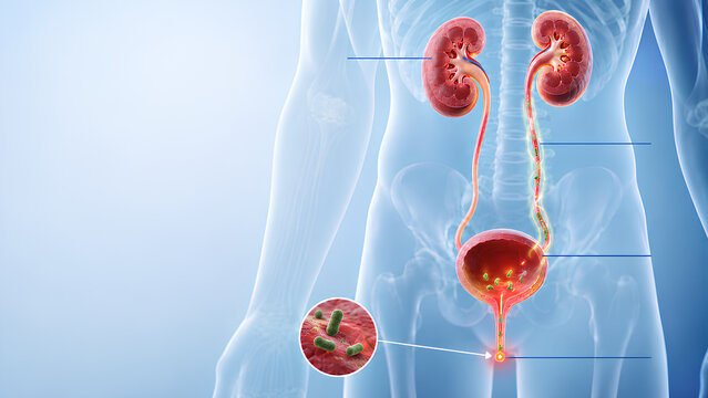 3D medical infographic of human urinary tract infection UTI showing kidney bladder anatomy and bacterial colonization