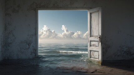 Obraz premium Surreal door inside a small room opening to endless ocean horizon, contrast interior and nature 