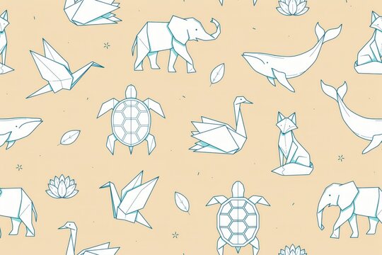 Seamless pattern featuring origami animals including elephants, whales, turtles, cranes, and foxes on a light beige background texture