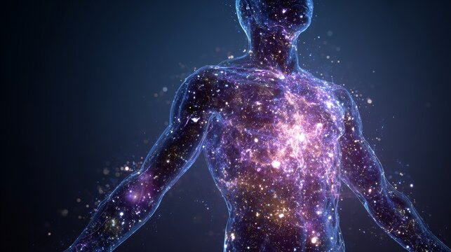Transparent human body filled with moving galaxies, cosmic energy concept 