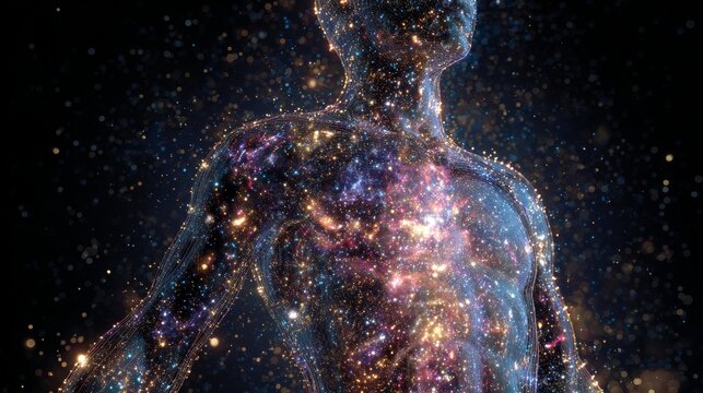Transparent human body filled with moving galaxies, cosmic energy concept 