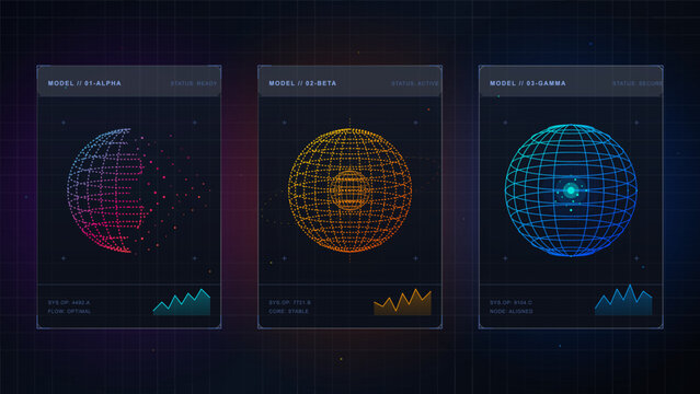 Dark futuristic interface showing three data model panels with glowing wireframe spheres, particle globe and status labels on a grid background
