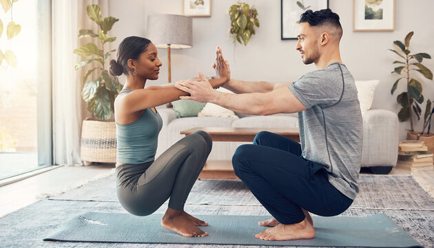 Hispanic couple practices functional athletic training with body inclusivity representation at home.