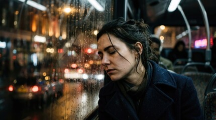Fototapeta premium Woman resting on bus during rainy evening in city with blurred lights outside window