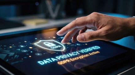 Fototapeta premium Focus on hand touching screen showing data privacy verified message in office setting during night time