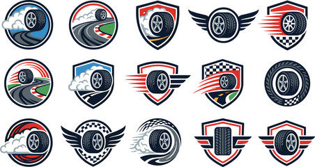 Automotive tire racing logo badge set featuring car wheels race tracks checkered flags wings shields and burnout drift smoke vector illustrations © Sujon Shah