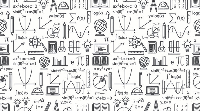 Seamless Math Pattern: Education Symbols, Formulas, Graphs, and Science Icons