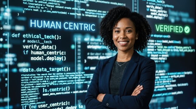Smiling woman stands in front of computer code with words human centric and verified in a tech office environment