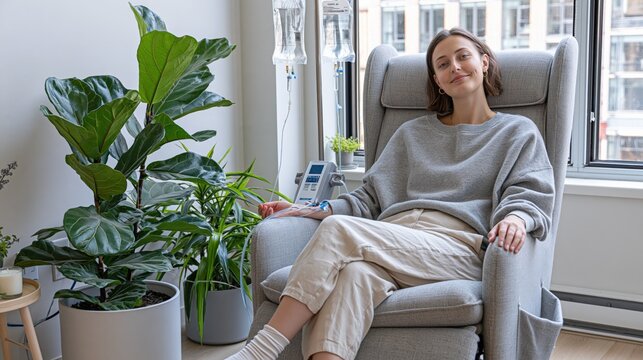 Young woman receiving IV therapy at home, looking relaxed and comfortable in armchair with plants and natural light