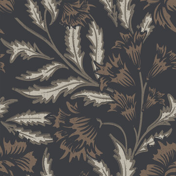 Gothic floral botanical seamless pattern. Vintage abstract victorian seamless pattern, elegant decoration luxury paisley in black brown. Moody nature design