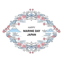 Japanese Marine Day celebration with ocean wave illustration.