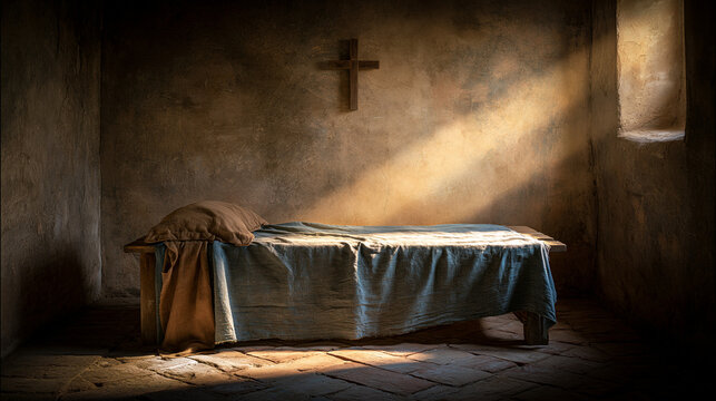 dormitory. Simple monastery dormitory with wooden bed and coarse linen sheets. event programs, museum guides, designed for cultural heritage projects and event programs, preserves heritage.