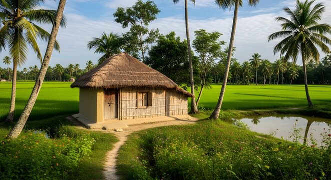 Small traditional bamboo hut with a thatched roof in a tropical landscape with palm trees and green rice fields at sunset