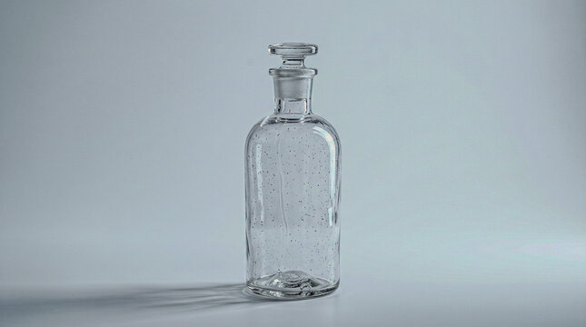 Clear glass apothecary bottle stopper caustic refraction, cool white mono studio