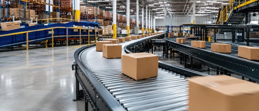 Convoyeur automatis&eacute; avec colis dans un entrep&ocirc;t industriel moderne