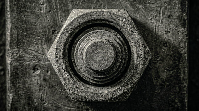 Rusted bolt nut assembly top view thread grooves pewter, mono raking light macro