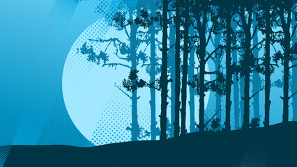 Pine forest silhouette with full moon, vector background © KR Studio