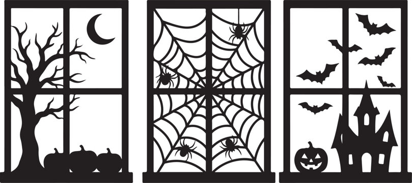 Halloween window decals, spooky decorations, black silhouettes, festive stickers