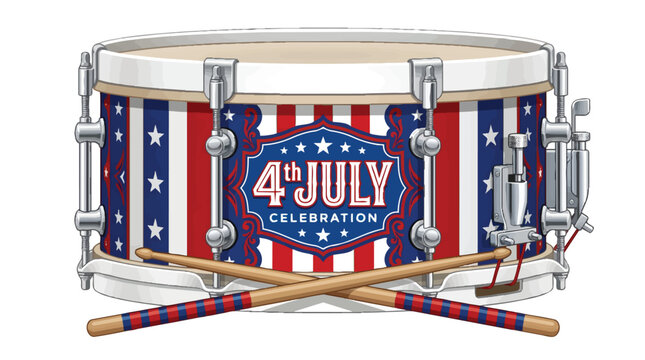 Patriotic 4th July Celebration snare drum with wooden drumsticks, American flag stars and stripes musical instrument vector, red white and blue percussion for Independence Day parade events