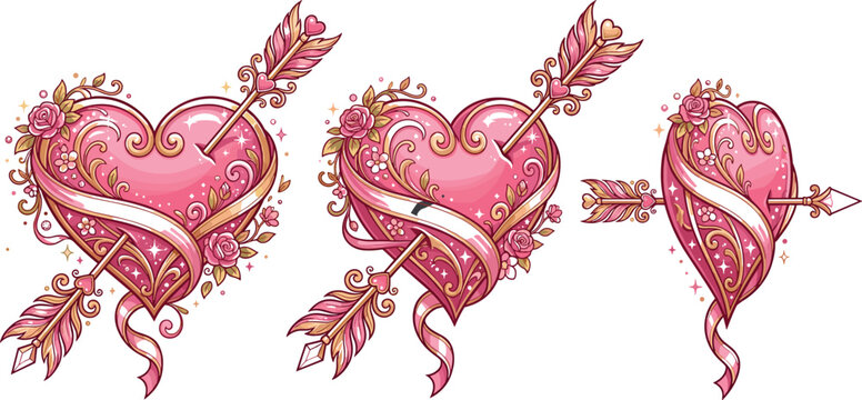 Ornamental Heart and Cupid Arrow Collection with Romantic Valentine Symbols, Decorative Love Emblems, and Vintage Floral Vector Set