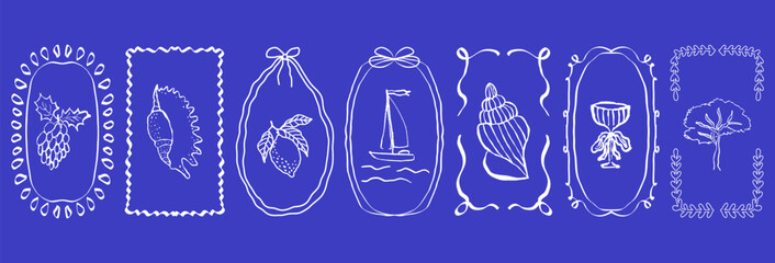 Whimsical white hand-drawn bow frames with lemon, grape, glass, olive tree, shell, sailboat in retro coquette style on blue background. Vector set for menu, greeting cards, party decor. © Екатерина Тарасова