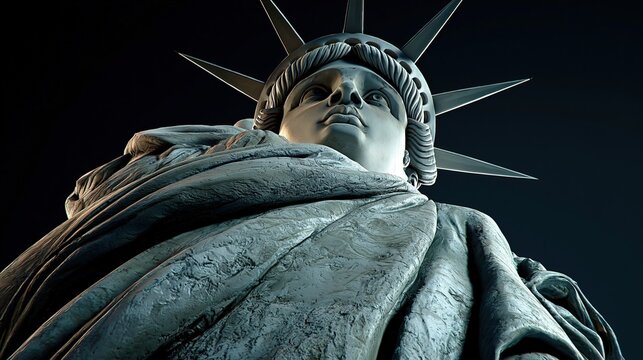 Dramatic Low Angle View of Iconic Liberty Statue Head and Crown Against Dark Background