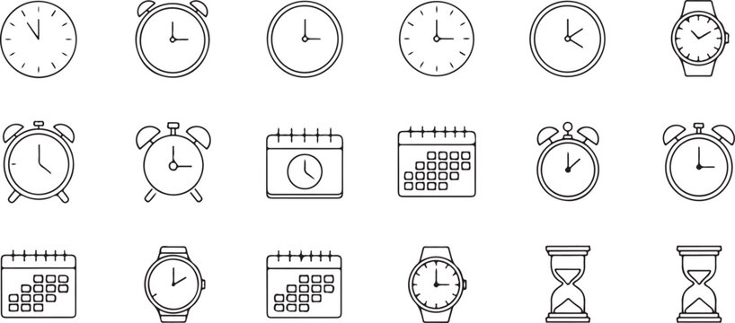 Clock, watch, calendar icons set, 20 time management symbols, line style