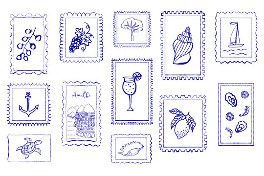 Hand drawn summer Mediterranean food post stamps. Italian Amalfi or Greece vacation vector ink elements for poster or postcard prints. Retro whimsical frame, border in grunge chalk